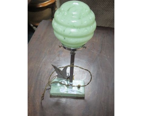 AN ART DECO CHROME GLAZED TABLE LAMP with green marbleized shade on rectangular base