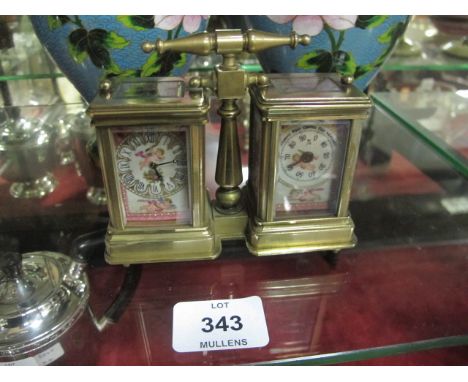 A FRENCH BRASS AND PORCELAIN MINIATURE CARRIAGE CLOCK AND BAROMETER each within a rectangular case 10cm (h) x 12cm (w)