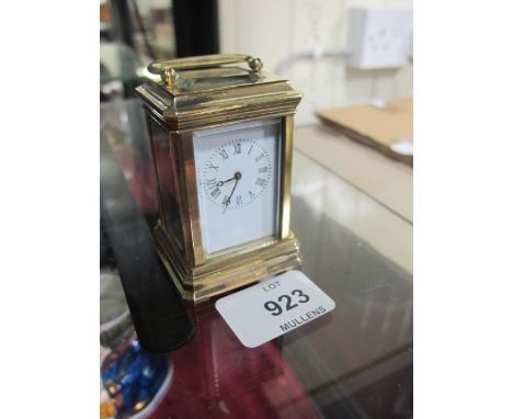 A MINIATURE BRASS AND ENAMEL CARRIAGE CLOCK