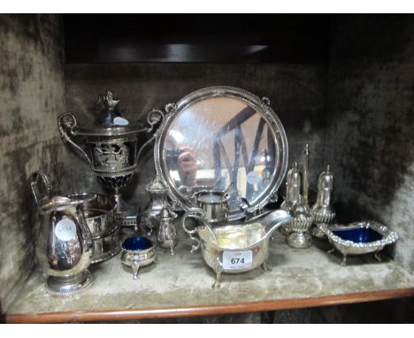 A MISCELLANEOUS COLLECTION OF PLATED WARE to include condiments, sauce boat together with a four piece tea service etc