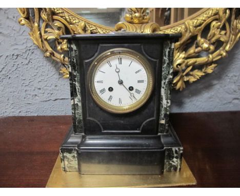 A VICTORIAN MAHOGANY SLATE AND MARBLE MANTLE CLOCK with circular white enamel dial