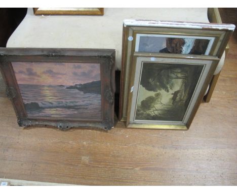 THREE PICTURES to include oil moonlight scene, oil figure on a path and seascape (3)