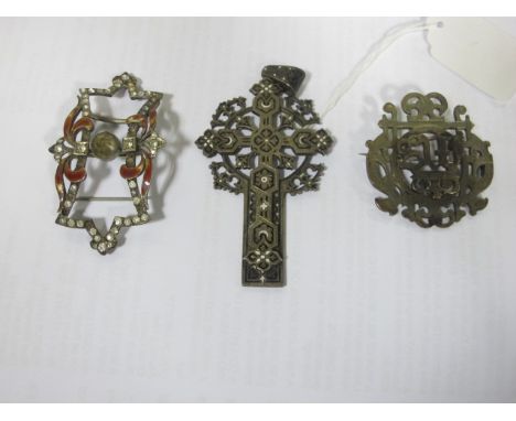 AN ENAMEL PENDANT together with a bar brooch monogrammed M S together with a demonte and enamel brooch (3)