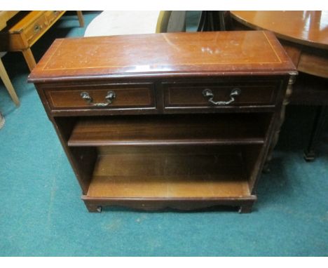 A MAHOGANY OPEN FRONT BOOKSHELF with two frieze drawers and open compartments on bracket feet 76cm (h) x 76cm (w) x 26cm (d)