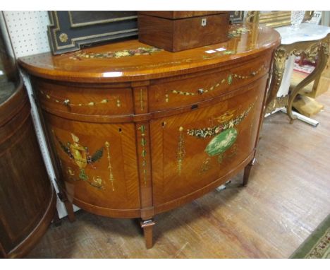 A FINE ADAM STYLE SATINWOOD AND PAINTED D-SHAPED COMMODE the central door decorated with classical scenes and flowers 130cm w