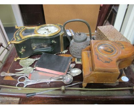 A MISCELLANEOUS COLLECTION to include a mahogany and plated tray, trinket box in the form of a piano, plated ware etc
