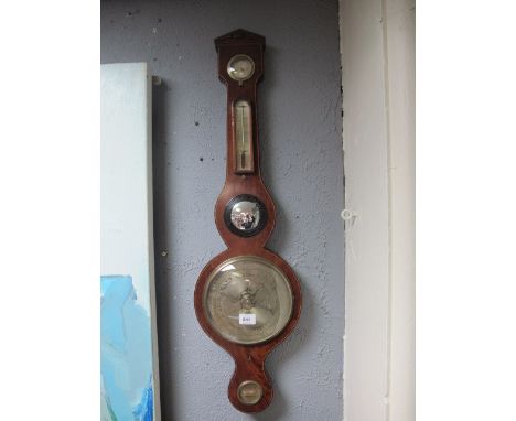 A GEORGIAN MAHOGANY AND SATINWOOD INLAID BANJO BAROMETER with silver dials