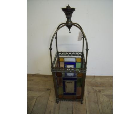 Victorian centre light hall lantern with lead and stained glass panels  