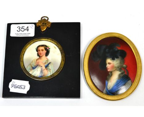 A painted portrait miniature on porcelain of a classical maiden; together with a further portrait miniature on porcelain of a