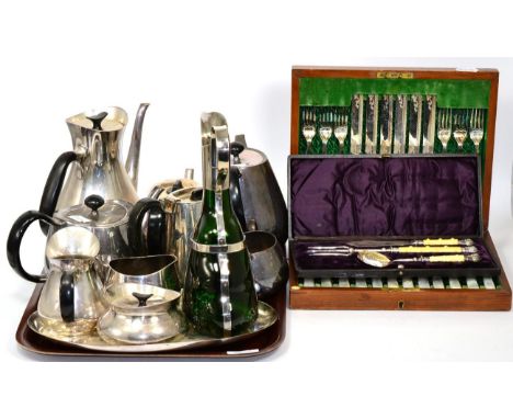 A David Mellor Elkington four piece tea service together with a Danish four piece EPNS tea service, mother-of-pearl handled c