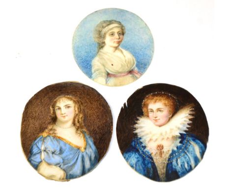 Three 19th century oval portrait miniatures, two contemporary ladies and a 17th century lady, on ivory, unframed