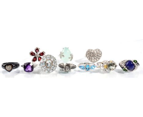 A silver amethyst ring, a silver jade ring and eight other silver gem-set rings (10)