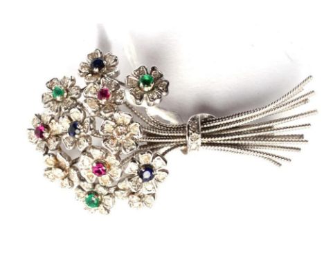 A diamond, ruby, sapphire and emerald bouquet brooch, of gem-set flower heads tied by a diamond set ribbon, total estimated d