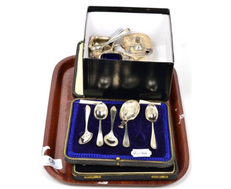 Two cased set of silver tea spoons, silver tea caddy spoon, silver mustard pot, two silver salts, pair of plated knife rests,