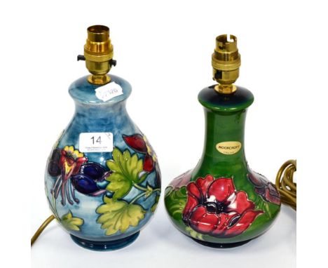 A Moorcroft pottery Columbine pattern table lamp, 26cm high, including fittings; and a Moorcroft pottery Anemone pattern tabl