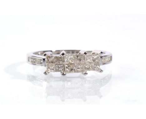 A 9 carat white gold princess cut diamond triple cluster ring, three sets of four princess cut diamonds, to diamond set shoul