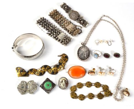A shakudo fan bracelet of fan-shaped links with applied decoration depicting grouse and foliage, length 19cm; a Victorian loc