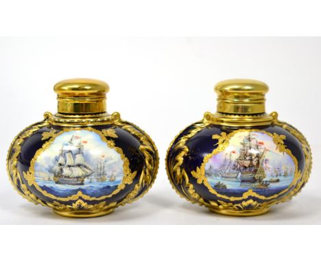 Stephen Nowacki for Lynton Porcelain: a pair of silver gilt mounted porcelain scent bottles each painted with seascape vignet