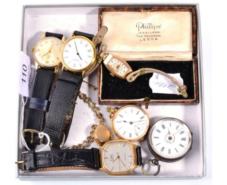 A 9 carat gold wristwatch signed Tudor, two lady's 9ct gold wristwatches with one signed Rone, a gold fob watch with case sta