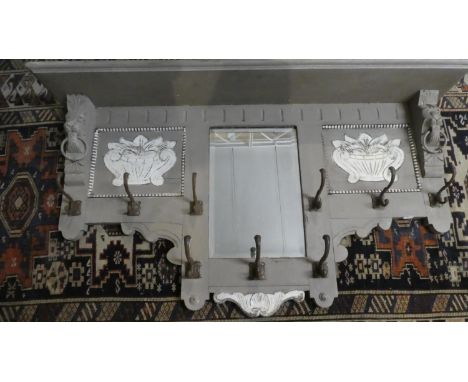 A Painted Wooden Wall Hanging Coat Rack with Centre Mirror and Shelf Top, 104cms Wide 