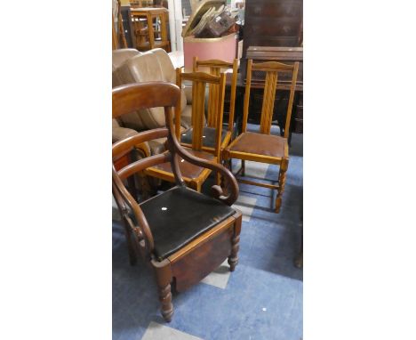A Set of Three Edwardian Oak Dining Chairs and a Victorian Mahogany Commode Armchair 