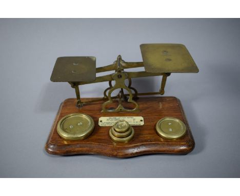 A Set of Edwardian Brass Postage Scales on Oak Plinth Base 