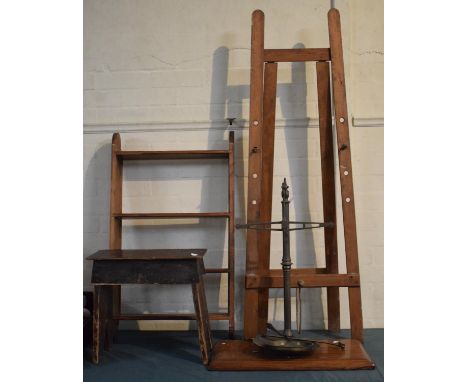 A Beam Balance (Incomplete) a Vintage Stool, an Open Shelf Unit and an Easel 