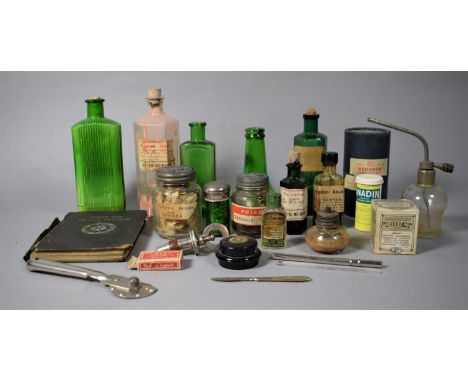 A Collection of Vintage Chemist Bottles to Include Green Glass Examples, Poison, 'Redoxon', Carbolic Crystals, Friars Balsam,