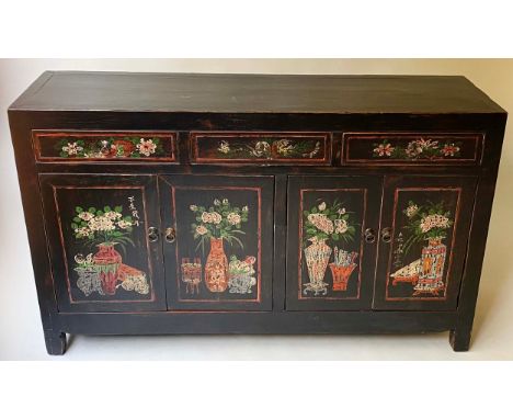 CHINESE SIDE CABINET, 156cm x 45cm D x 93cm H, Chinese polychrome, black lacquer, with three drawers and two pairs of cupboar