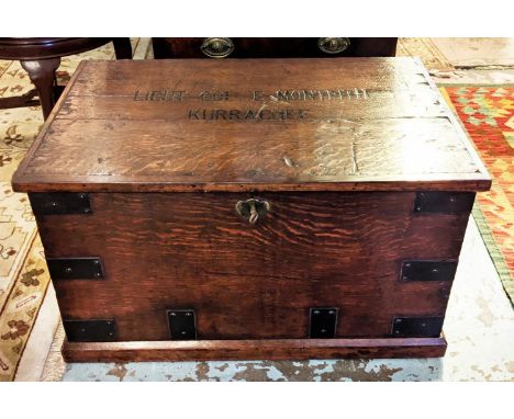 TRUNK, 78cm W x 52cm D x 46cm H, 19th century oak, with a rising lid, bears inscription Liet. Col E. Monteith, Kurrachee. 
