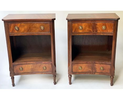 BEDSIDE/LAMP TABLES, a pair, George III design flame mahogany of concave outline each with two drawers, 51cm x 34cm x 72cm H.