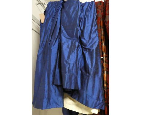 CURTAINS, a pair, each 250cm W gathered by 290cm drop, blue, shot silk style fabric lined. 