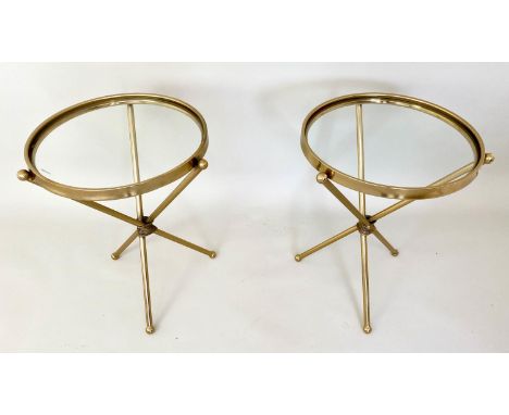 MARTINI TABLES, a pair, 55cm x 43cm diam, 1970's Italian style, gilt metal tripod bases. (2) 