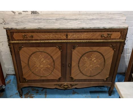 SIDE CABINET, 140cm x 48cm x 93cm, Louis XV style, marquetry and gilt metal mounted with marble top above a drawer and two do