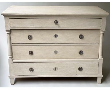 SWEDISH COMMODE, 19th century grey painted with four long drawers pillar columns and tapering supports, 126cm x 95cm H x 62cm