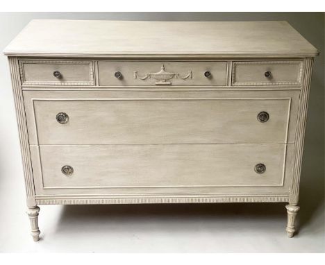 COMMODE, Neo Classical style grey painted with three short drawers, 56cm x 122cm x 88cm H. 