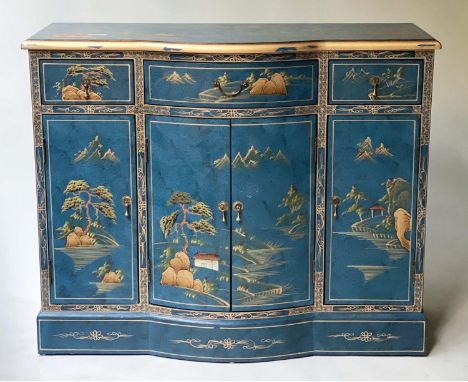 CHINOISERIE CABINET, 1930's style blue lacquer and gilt Chinoiserie painted decoration with two bowfront doors and three frie