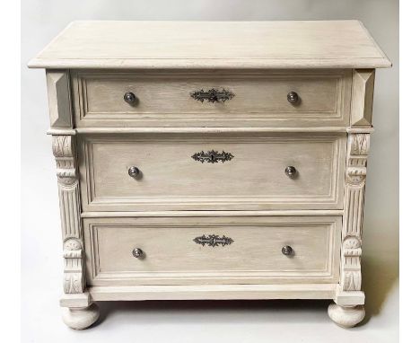 COMMODE, 90cm W x 50cm D x 80cm H, 19th century, traditionally grey painted with three long drawers. 
