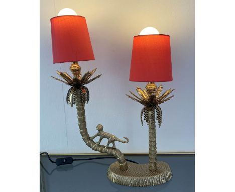 PALM TREES TABLE LAMP, 50cm H with two red shades, with monkey detail. 