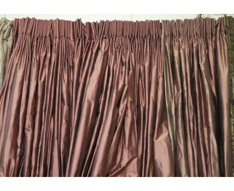 CURTAINS, three pairs, one 110cm x 293cm drop, one 144cm x 260cm drop, one 247cm x 290cm drop in a roast beef coloured silk, 