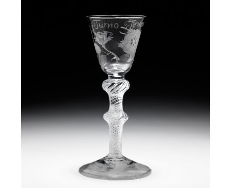 A rare engraved Jacobite airtwist wine glasscirca 1750The rounded funnel bowl engraved with a six-petalled rose and two buds 