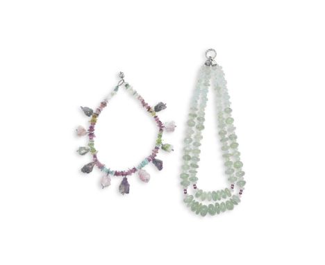 A tourmaline beaded necklace, Hamilton &amp; Inches of Edinburgh and an aquamarine beaded necklaceThe first: Designed as a li