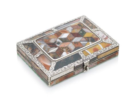 A fine Victorian silver and agate-mounted sewing casketCirca 1860, unmarked Of shallow rectangular form, the raised lid set w