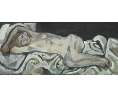 John G Boyd RP RGI (British, 1940-2001)Reclining nude signed 'Boyd' (lower right)oil on canvas66 x 138.5cm (26 x 54 1/2in).Fo