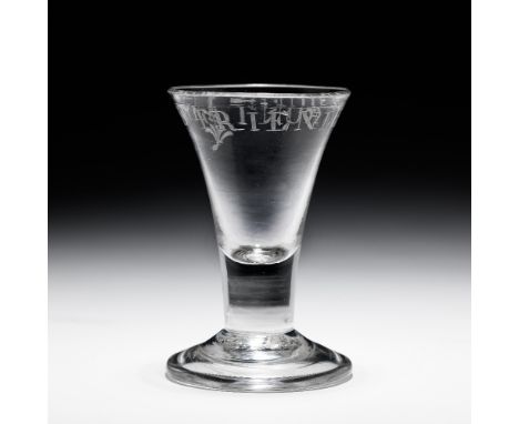 An engraved 'Friendly Hunt' firing glassCirca 1750The drawn flared trumpet bowl inscribed 'THE FRIENDLY HUNT' flanking a flor