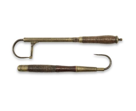 A rare William Brown, Aberdeen, gaff, circa 1840telescopic brass with a wooden ribbed handle together with an Alex Henry, Edi