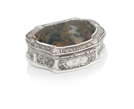 A William IV silver and agate table snuff boxMakers mark apparently G&amp;A, Edinburgh, 1834 Of cartouche shape, chased with 