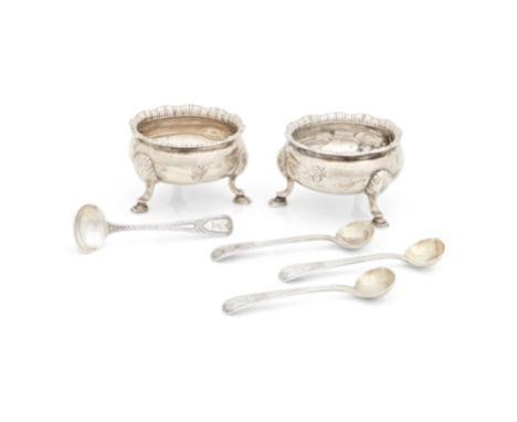 A pair of George III saltsMaker's mark rubbed, Edinburgh, 1767  Of cauldron form with three scroll feet and gadrooned wavy ed