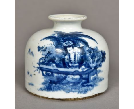 A Chinese blue and white porcelain water potDecorated with a female figure playing a gu-zheng in a garden, opposing a calligr