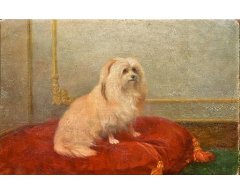 DECORATIVE SCHOOL (20th century) Portrait of a Lap Dog on Red CushionOil on board33 x 22 cm, framed   CONDITION REPORTS:  Gen